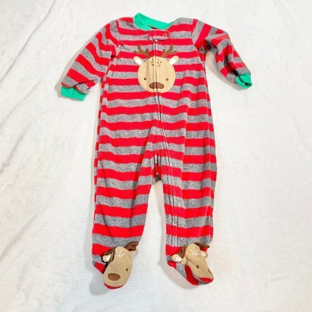 5/$25 Carter'sā Baby Reindeer Fleece Footed Pajamas Sleeper Red Grey Stripe 6M